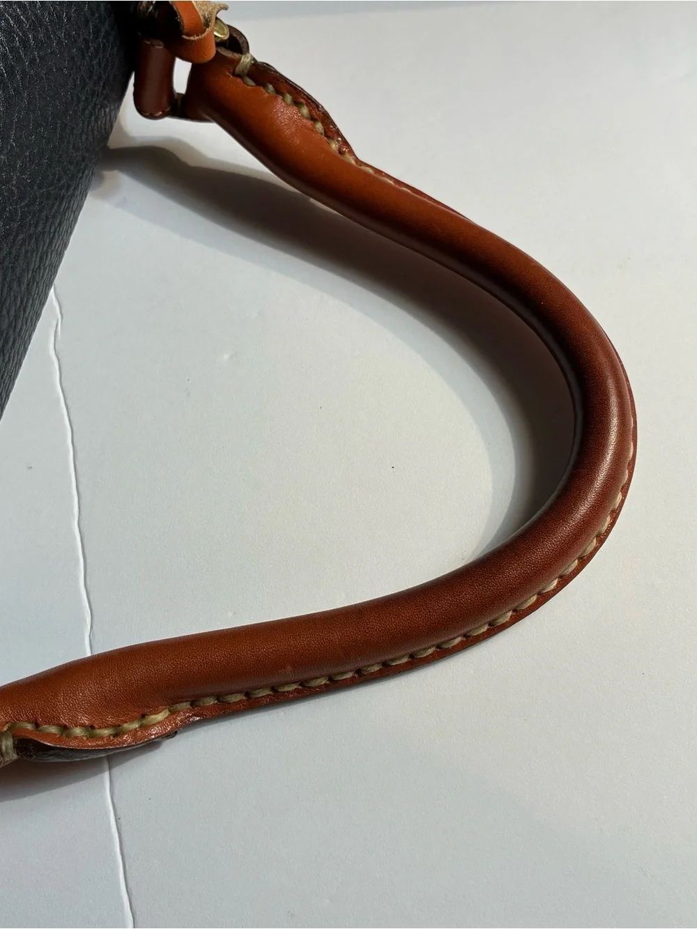 Vintage 80’s Dooney & Bourke Black Pebbled Leather Satchel with Brown Trim Navy